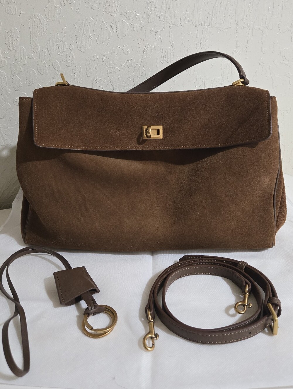 Brown Suede Top-Handle Shoulder Bag with Gold Hardware